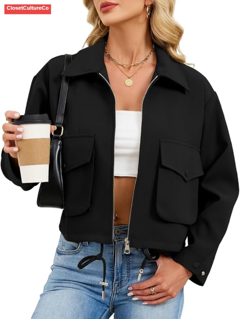 Cropped Zip Up Jacket Women Lightweight Utility Coat Pockets Relaxed